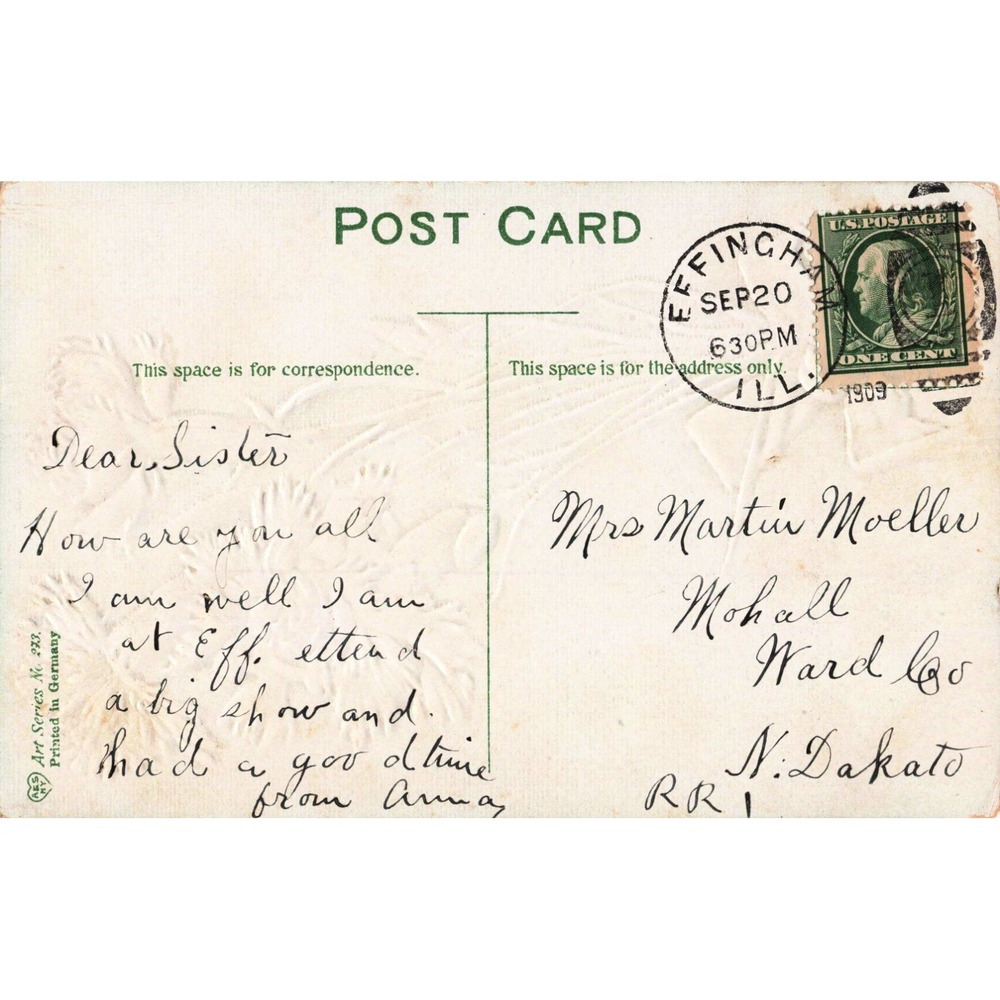 Vintage 1909 Red Carnations Embossed Postcard Best Wishes Germany Printed VG- - Picture 2 of 2